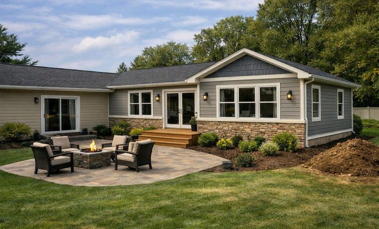 Finished addition with a gable end, lap siding over a stone base and French doors onto the patio