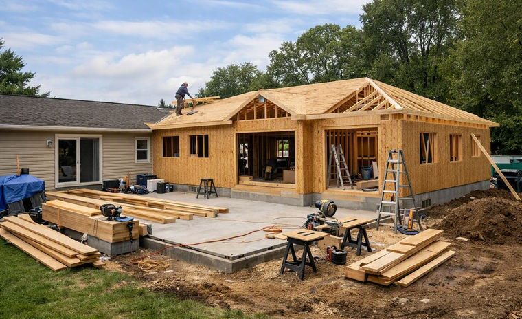 Addition framed and sheathed where it ties into the existing house roof and wall