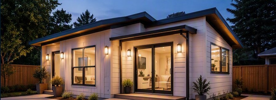 Design rendering of a detached ADU at dusk with board and batten siding, a shed roof and lit interior