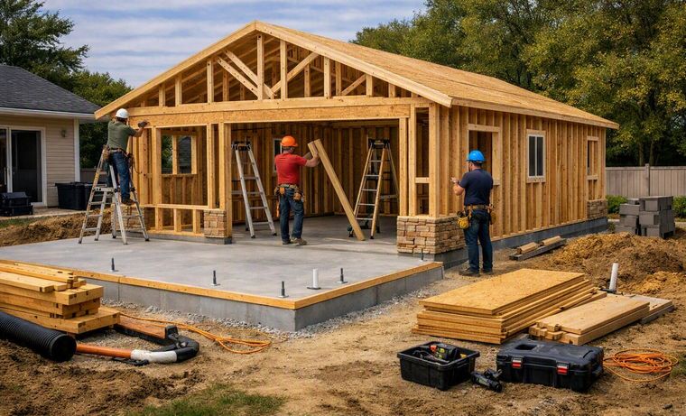 Detached unit framed out on its slab with the roof structure set and the crew working on it