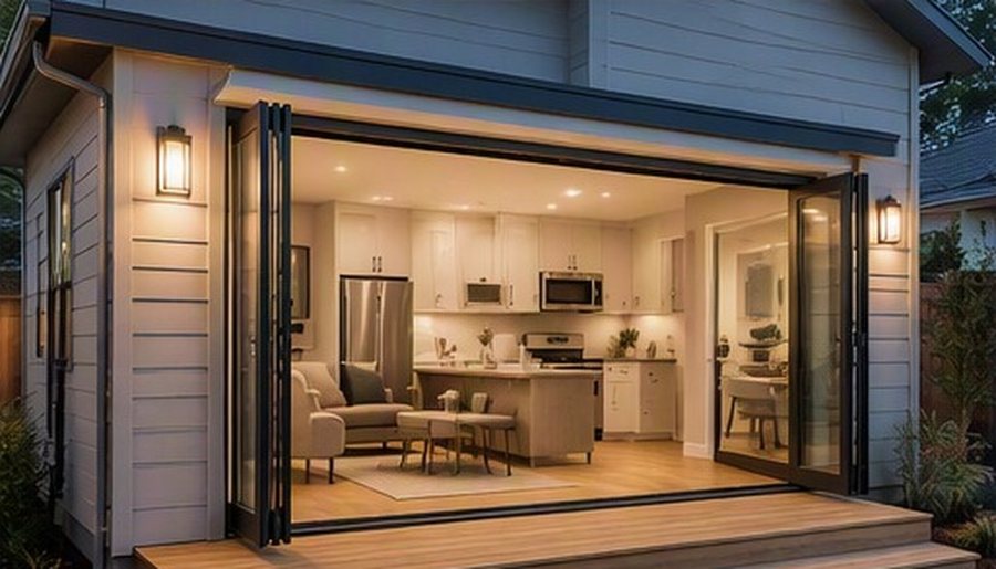 Design rendering of an ADU with folding glass doors opened onto a deck