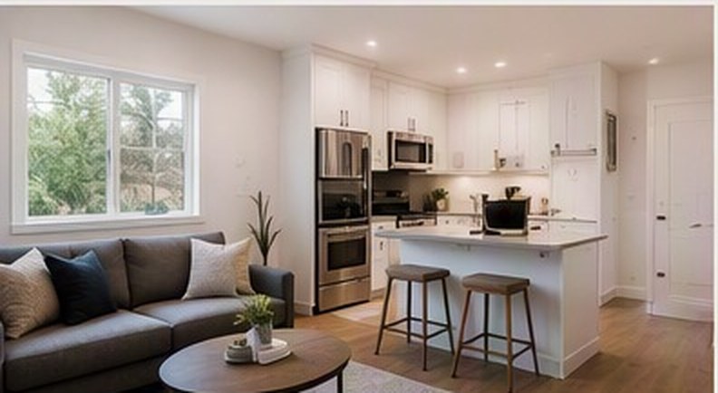 Design rendering of the open living area with a kitchen island