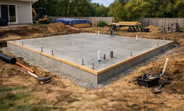 Poured slab with anchor bolts set around the perimeter and the plumbing stubbed up, ready to frame