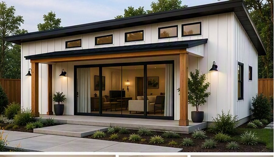 Design rendering of a detached accessory dwelling unit by day, with clerestory windows above the low wall