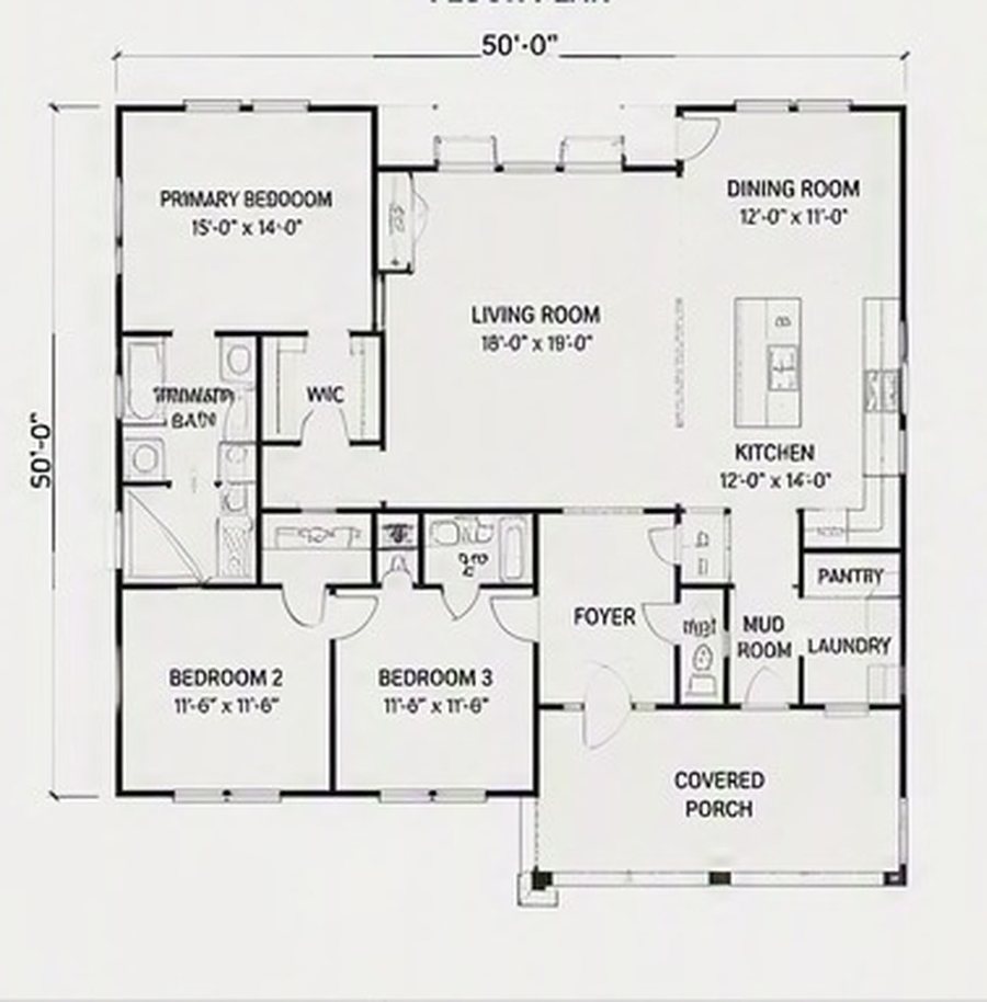 Floor plan of the 2,150 square foot farmhouse: primary bedroom with walk in closet and bath, two further bedrooms, open living room, kitchen with island, dining room, pantry, mud room, laundry and a covered porch