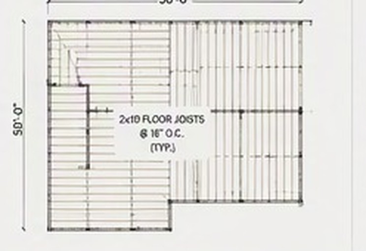 Floor framing plan showing 2 by 10 floor joists at 16 inches on center