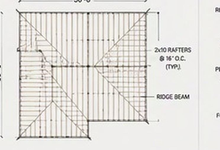 Roof framing plan showing 2 by 10 rafters at 16 inches on center and the ridge beam