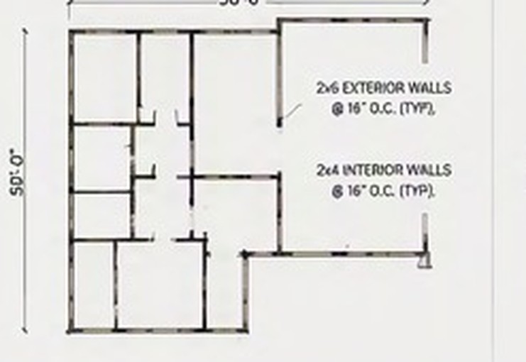 Wall framing plan showing 2 by 6 exterior studs and 2 by 4 interior studs at 16 inches on center