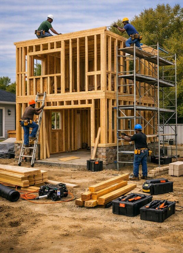 Two storey timber frame going up off a stone faced base, with the crew on the top plate, on a ladder and on scaffold