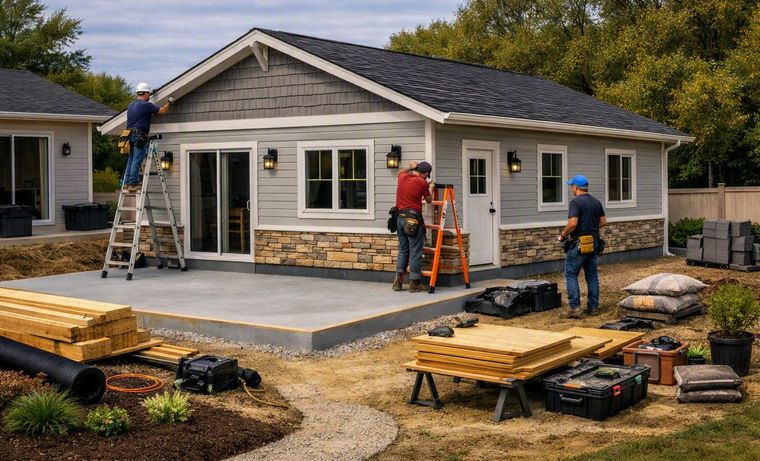 Lap siding and shingle gable going on over a stone base, with the crew working off ladders